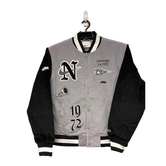 NEW! Nike Men's Swoosh High Corduroy Bomber Jacket Wolf Grey Black Size Large - Picture 3 of 11